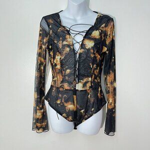 Fashion Nova Long Sleeve Mesh Bodysuit Black & Brown Size‎ L